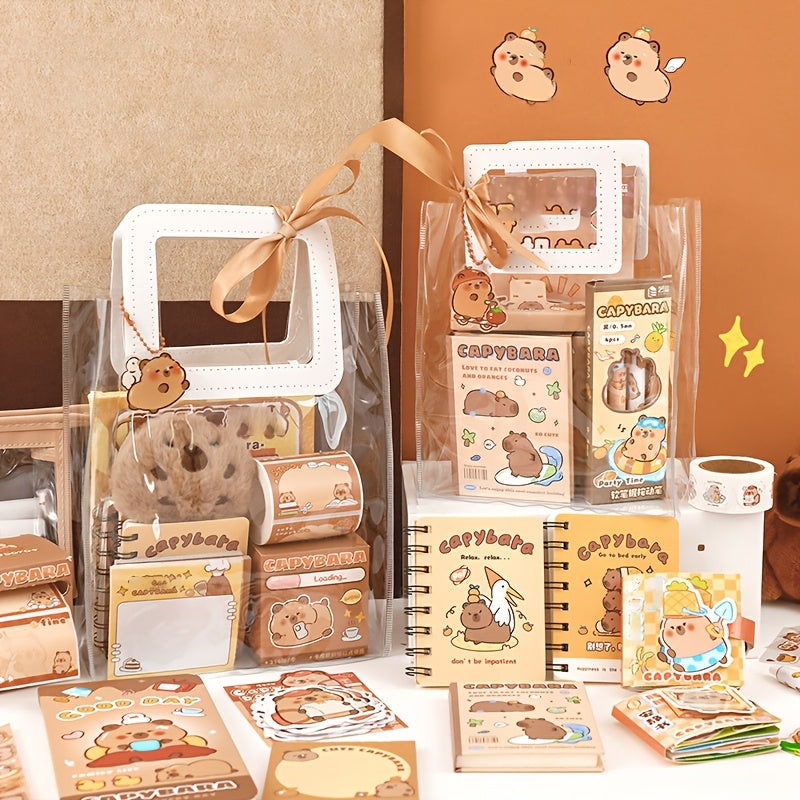 Capybara-Themed Stationery Gift Set, Fine Writing Instruments Bundle, Plastic, Yellow, with Notepads, Pens, and Accessories, for Students, Graduates, Journaling, and Birthday Presents, Age 14+