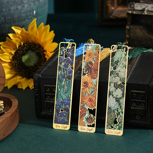 1pc Retro Floral Painting Metal Bookmark Hollow Bronzing Bookmark With Tassel Stationery Gifts For Book Club Reader Birthday Festival Writers Book Lovers Friends Teachers Students