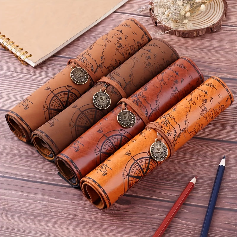 Creative Treasure Map Retro Pencil Case Leather Large Capacity Roll Pencil Bag Embossed Buckle Simple Stationery Box Roll Portable Pencil Drawing Bag Pen Holder