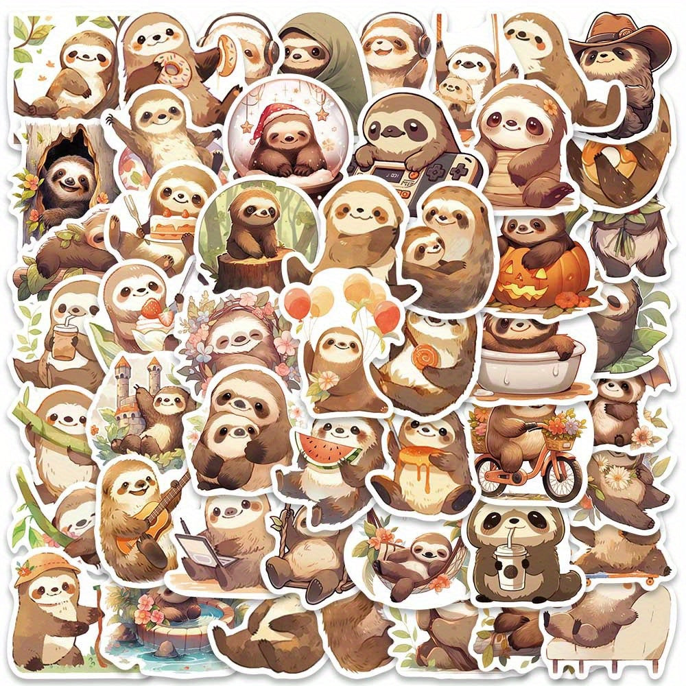 50pcs Cute Small Sloth Stickers, Brown Sloth Stickers For Decorative Luggage, Laptop, Skateboard, Guitar, Mobile Phone, Motorcycle, Helmet, Water Bottle, Party Gift, Travel Case, Stationery Stickers