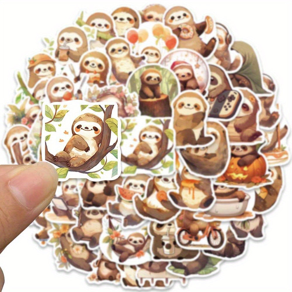 50pcs Cute Small Sloth Stickers, Brown Sloth Stickers For Decorative Luggage, Laptop, Skateboard, Guitar, Mobile Phone, Motorcycle, Helmet, Water Bottle, Party Gift, Travel Case, Stationery Stickers