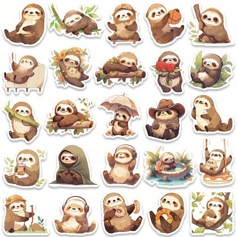 50pcs Cute Small Sloth Stickers, Brown Sloth Stickers For Decorative Luggage, Laptop, Skateboard, Guitar, Mobile Phone, Motorcycle, Helmet, Water Bottle, Party Gift, Travel Case, Stationery Stickers