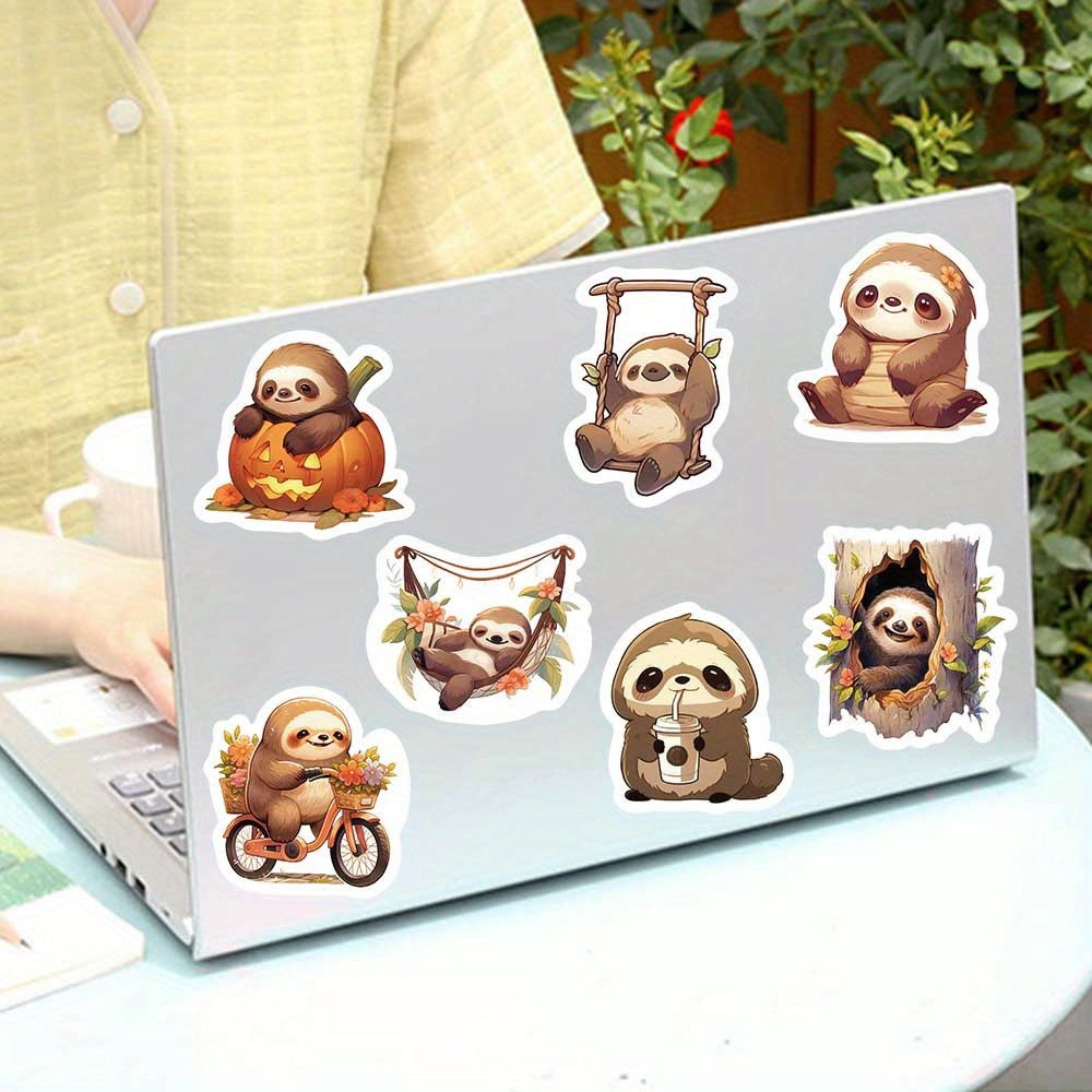 50pcs Cute Small Sloth Stickers, Brown Sloth Stickers For Decorative Luggage, Laptop, Skateboard, Guitar, Mobile Phone, Motorcycle, Helmet, Water Bottle, Party Gift, Travel Case, Stationery Stickers