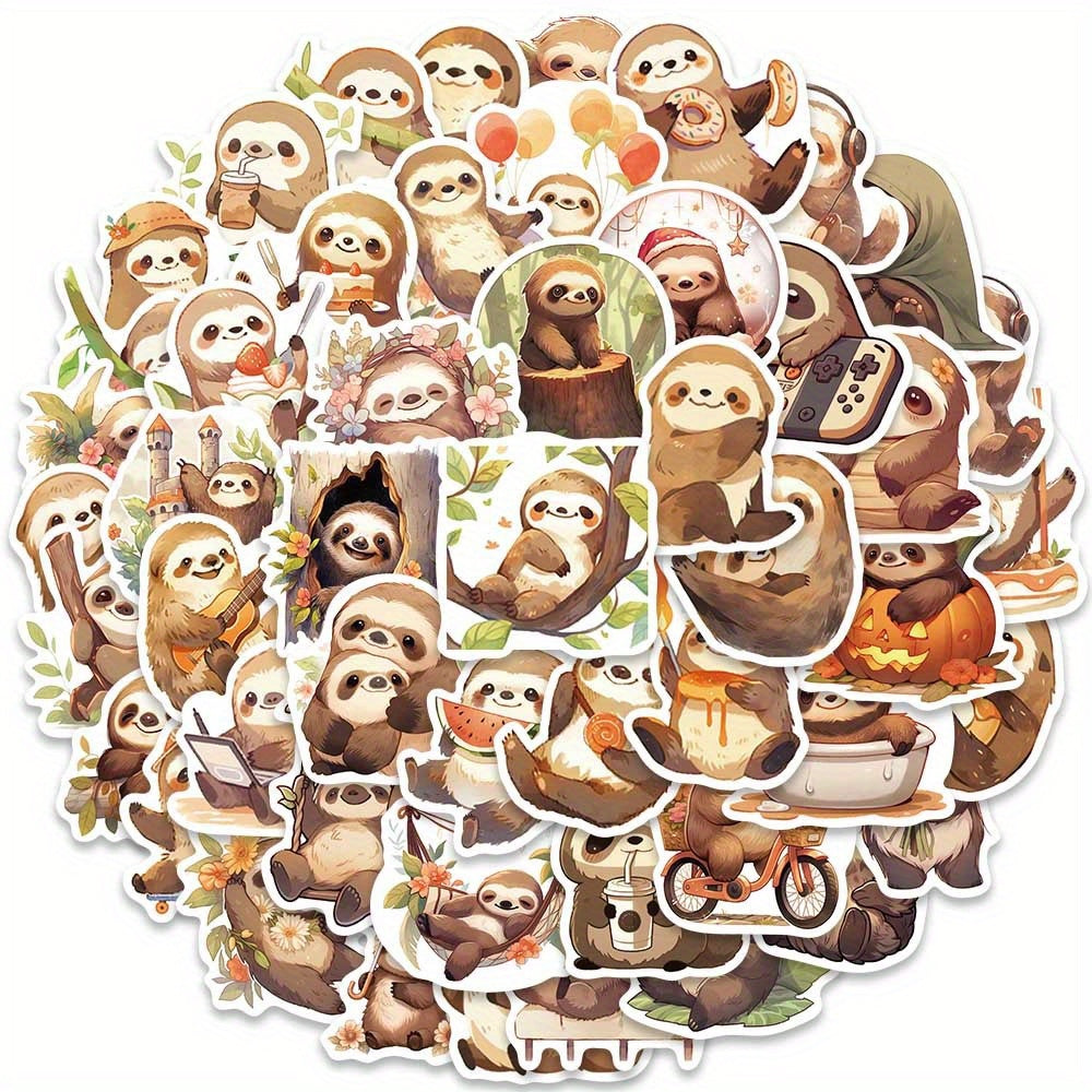 50pcs Cute Small Sloth Stickers, Brown Sloth Stickers For Decorative Luggage, Laptop, Skateboard, Guitar, Mobile Phone, Motorcycle, Helmet, Water Bottle, Party Gift, Travel Case, Stationery Stickers