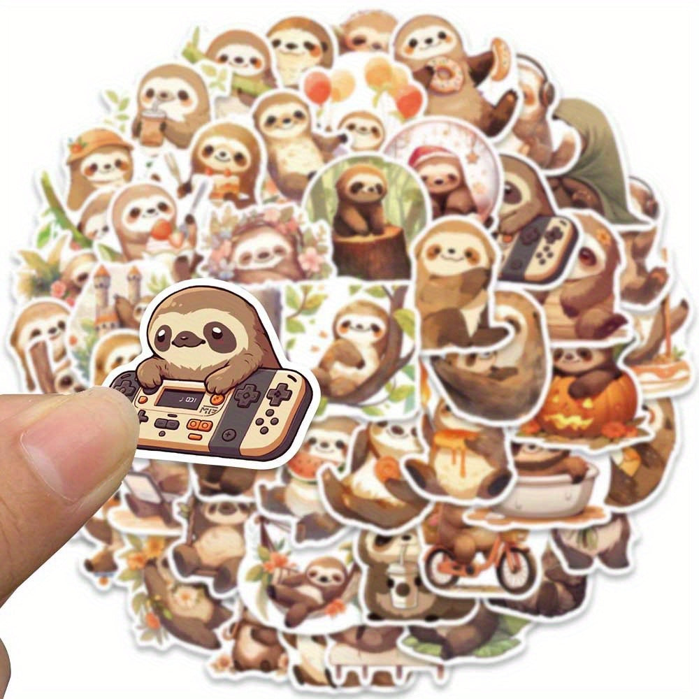50pcs Cute Small Sloth Stickers, Brown Sloth Stickers For Decorative Luggage, Laptop, Skateboard, Guitar, Mobile Phone, Motorcycle, Helmet, Water Bottle, Party Gift, Travel Case, Stationery Stickers