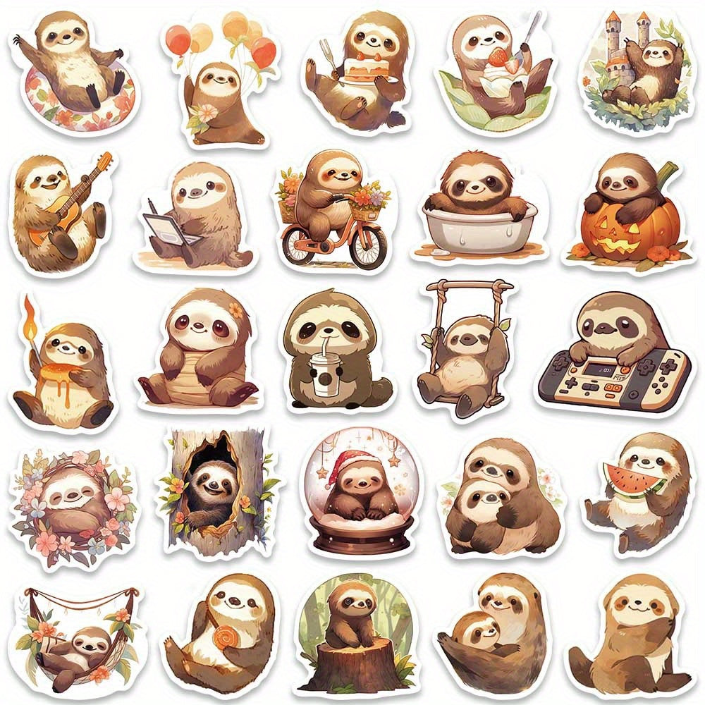50pcs Cute Small Sloth Stickers, Brown Sloth Stickers For Decorative Luggage, Laptop, Skateboard, Guitar, Mobile Phone, Motorcycle, Helmet, Water Bottle, Party Gift, Travel Case, Stationery Stickers