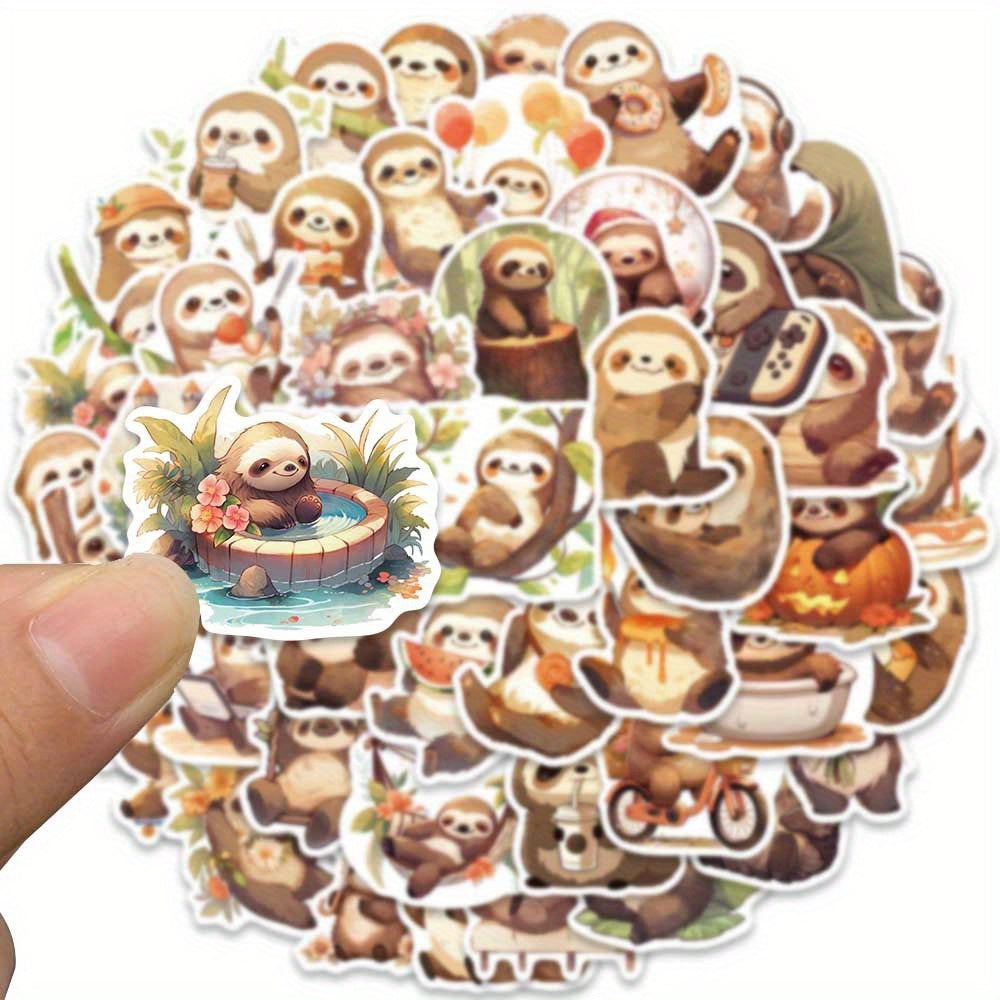 50pcs Cute Small Sloth Stickers, Brown Sloth Stickers For Decorative Luggage, Laptop, Skateboard, Guitar, Mobile Phone, Motorcycle, Helmet, Water Bottle, Party Gift, Travel Case, Stationery Stickers