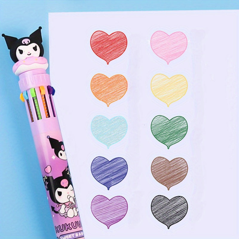 1pc Multi-color Gel Sanrio Press Ten Color Ballpoint Pen Cartoon Kawaii Kuromi Melody Stationery Write Cute Pens