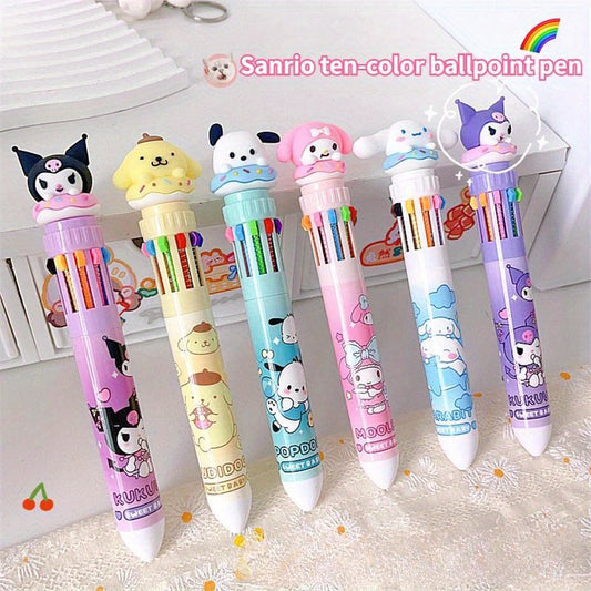 1pc Multi-color Gel Sanrio Press Ten Color Ballpoint Pen Cartoon Kawaii Kuromi Melody Stationery Write Cute Pens