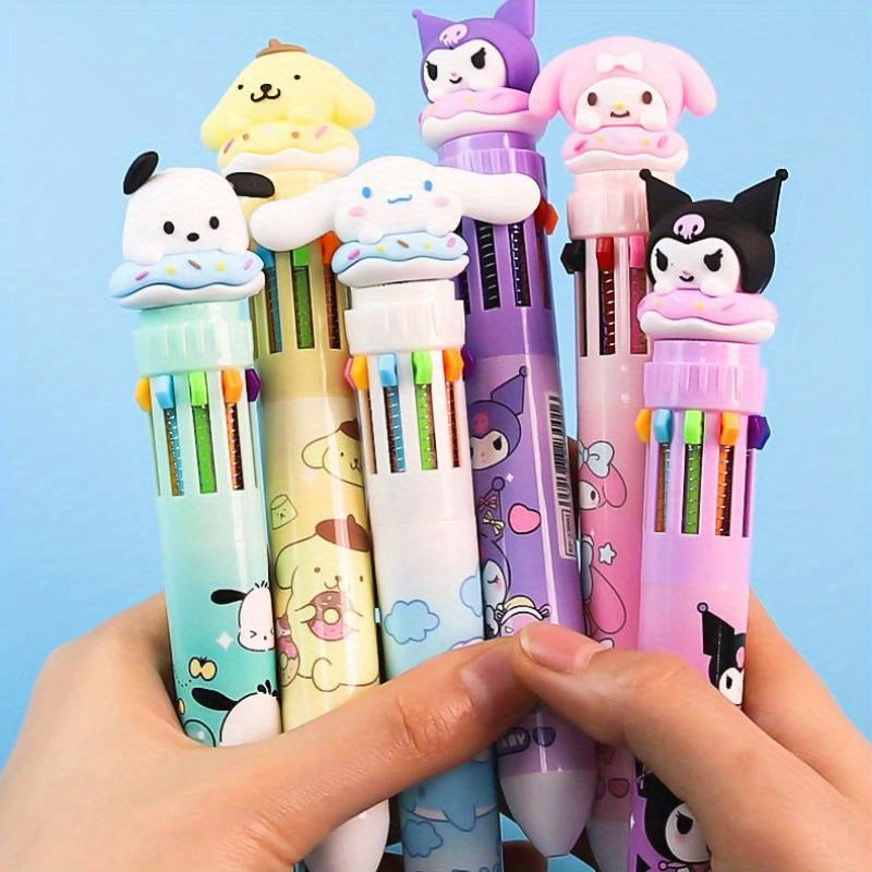1pc Multi-color Gel Sanrio Press Ten Color Ballpoint Pen Cartoon Kawaii Kuromi Melody Stationery Write Cute Pens