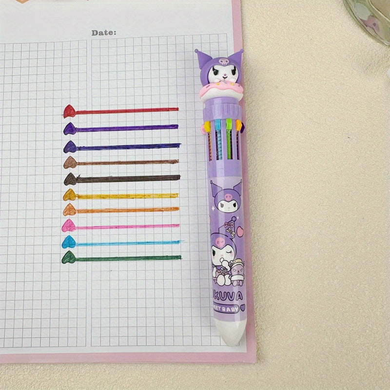 1pc Multi-color Gel Sanrio Press Ten Color Ballpoint Pen Cartoon Kawaii Kuromi Melody Stationery Write Cute Pens