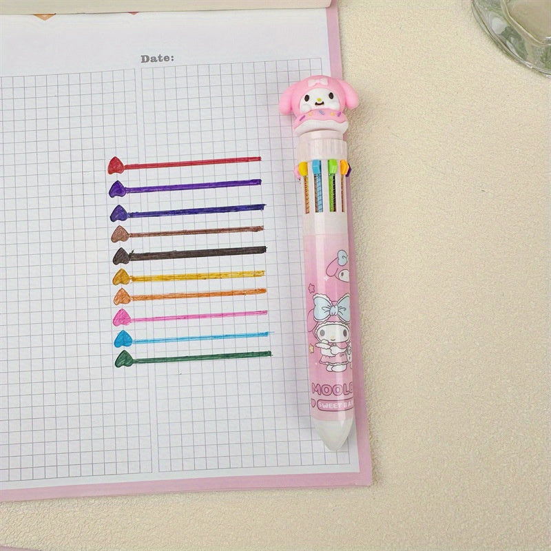 1pc Multi-color Gel Sanrio Press Ten Color Ballpoint Pen Cartoon Kawaii Kuromi Melody Stationery Write Cute Pens