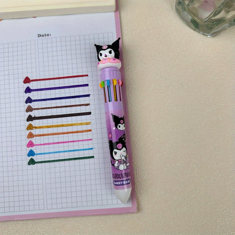 1pc Multi-color Gel Sanrio Press Ten Color Ballpoint Pen Cartoon Kawaii Kuromi Melody Stationery Write Cute Pens