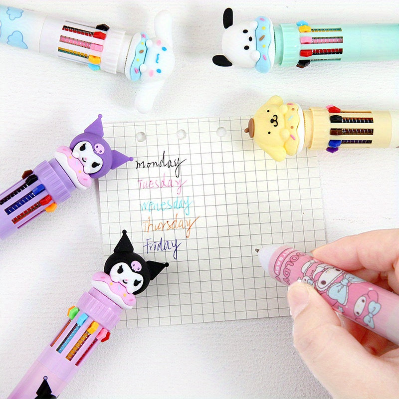 1pc Multi-color Gel Sanrio Press Ten Color Ballpoint Pen Cartoon Kawaii Kuromi Melody Stationery Write Cute Pens