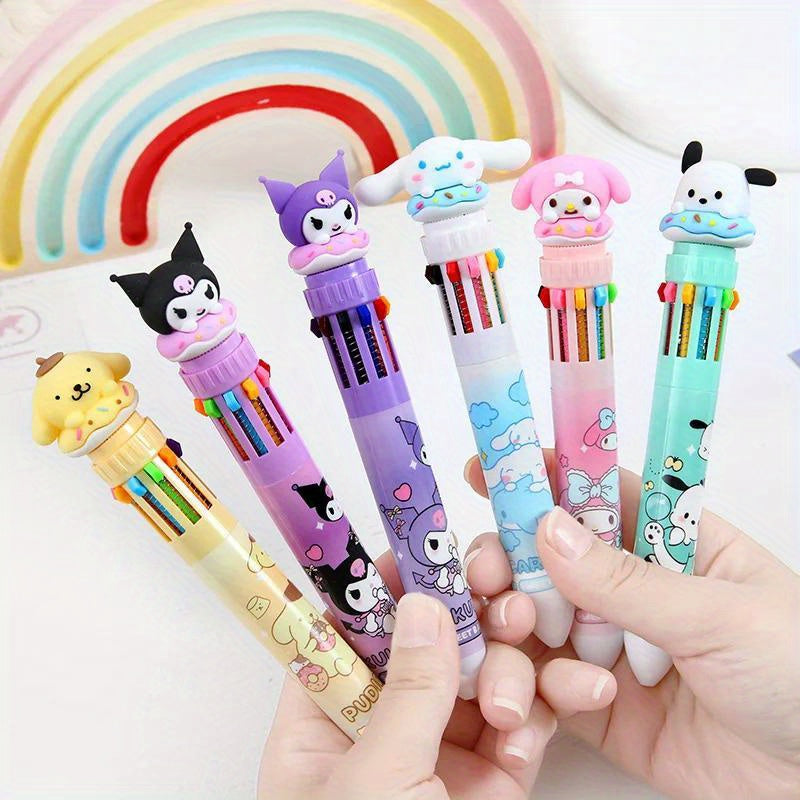 1pc Multi-color Gel Sanrio Press Ten Color Ballpoint Pen Cartoon Kawaii Kuromi Melody Stationery Write Cute Pens