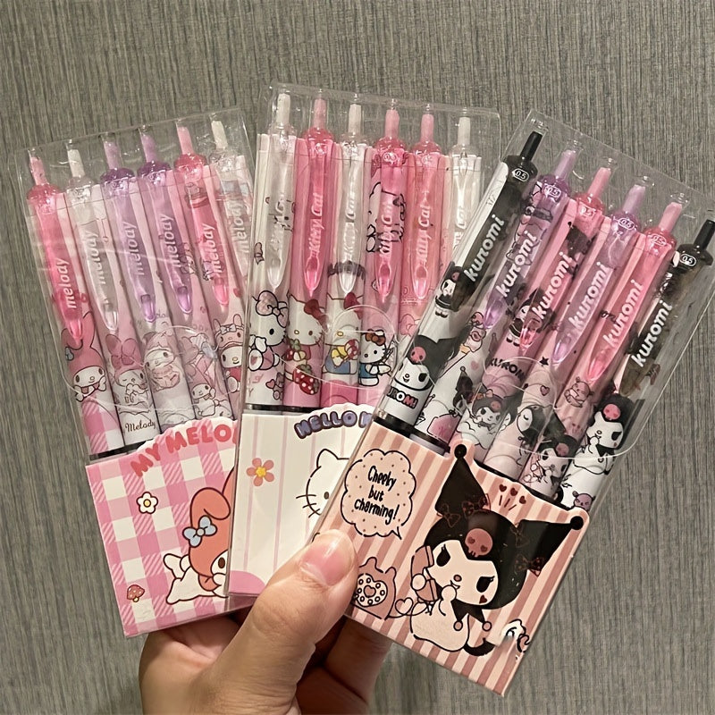 6pcs Sanrio 0.55mm Hello Kitty Cinnamoroll Kuromi Melody Gel Pen Cartoon Cute Press Type Pen Office Stationery Supplies