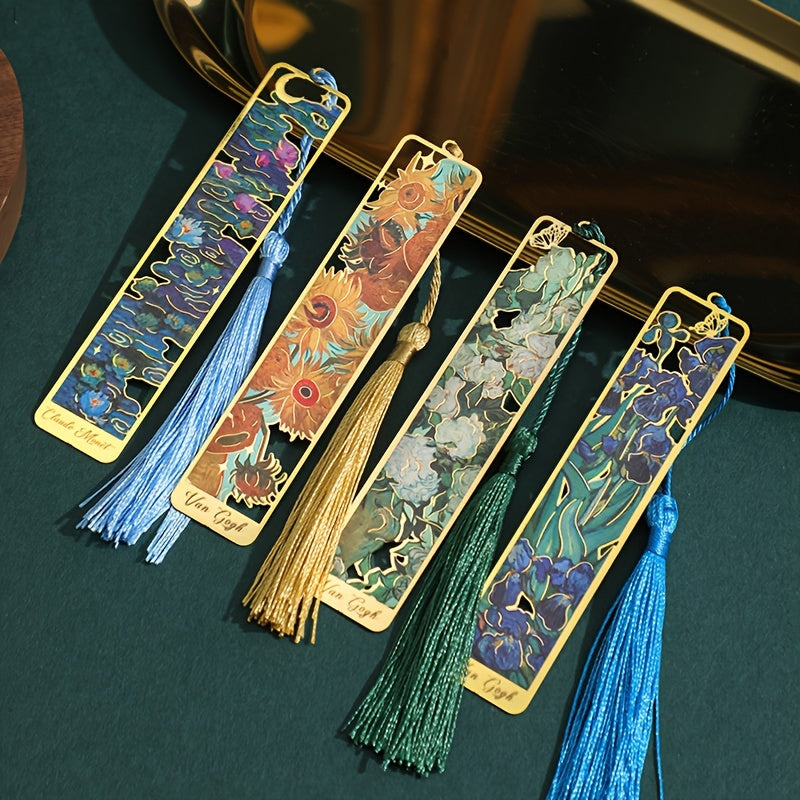1pc Retro Floral Painting Metal Bookmark Hollow Bronzing Bookmark With Tassel Stationery Gifts For Book Club Reader Birthday Festival Writers Book Lovers Friends Teachers Students