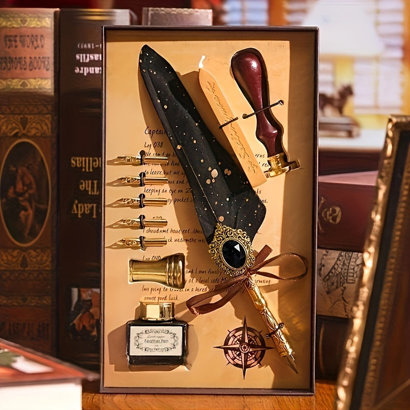 1 Set Jubaboz Calligraphy Pen Set - Luxurious Gift Box with Wax Seal, Vintage Feather & Mechanical Gear Pens - Authentic Antique Writing Experience for Artistic Ink Dipping