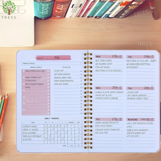 1pc Trees Spiral Undated A5 Daily Weekly Notebook Planner Agenda, Stationery Office School Supplies, Record daily plans to achieve future goals, 8, 3*5, 12.7 cm, 52 Sheets, 3pcs stickers, 4, 7*7, 17.78 cm