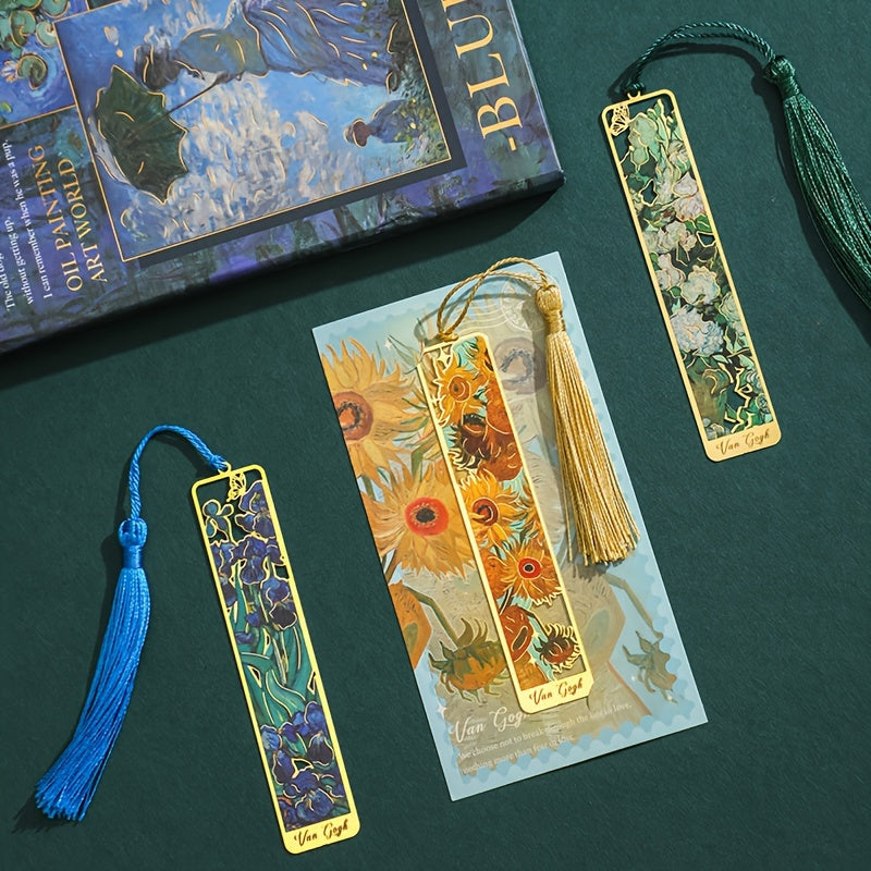 1pc Retro Floral Painting Metal Bookmark Hollow Bronzing Bookmark With Tassel Stationery Gifts For Book Club Reader Birthday Festival Writers Book Lovers Friends Teachers Students
