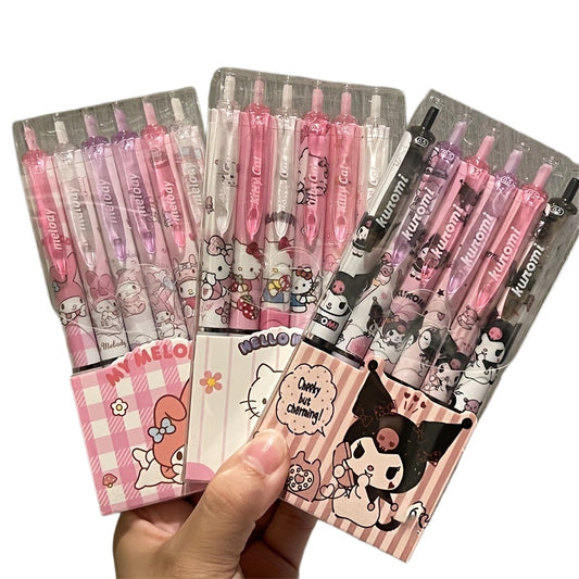 6pcs Sanrio 0.55mm Hello Kitty Cinnamoroll Kuromi Melody Gel Pen Cartoon Cute Press Type Pen Office Stationery Supplies