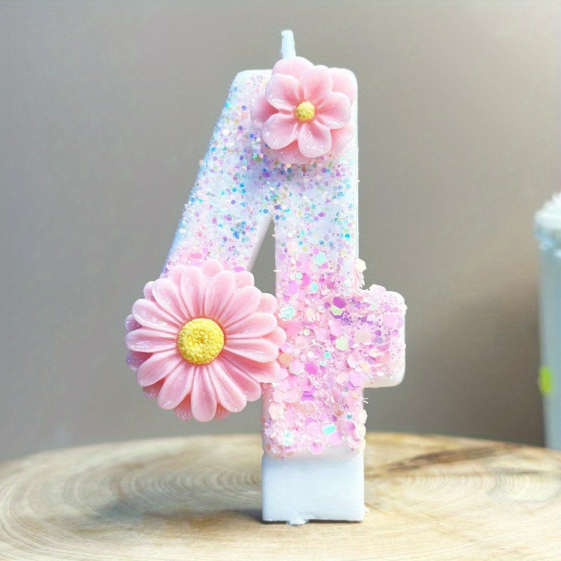 1pc Pink Glitter 3D Number Birthday Candle with Floral Design - Sparkling Single Wick Candles for Party Decor, Cake Topper & Festive Atmosphere, Celebration Accessories | Floral Embellished Candles | Sparkling Decor, Glow Par