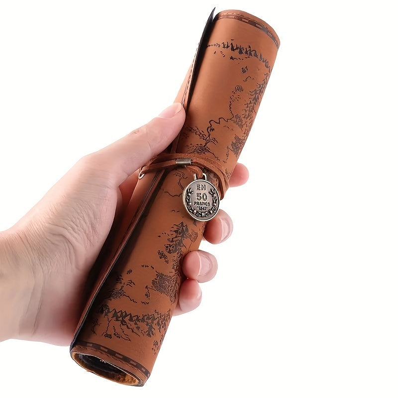 Creative Treasure Map Retro Pencil Case Leather Large Capacity Roll Pencil Bag Embossed Buckle Simple Stationery Box Roll Portable Pencil Drawing Bag Pen Holder