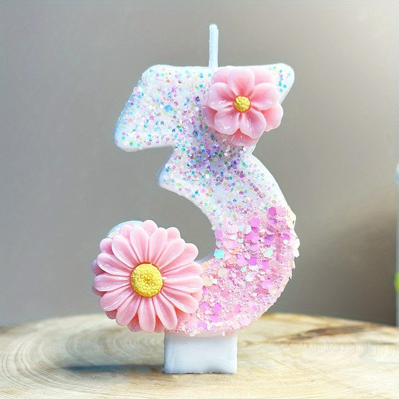 1pc Pink Glitter 3D Number Birthday Candle with Floral Design - Sparkling Single Wick Candles for Party Decor, Cake Topper & Festive Atmosphere, Celebration Accessories | Floral Embellished Candles | Sparkling Decor, Glow Par