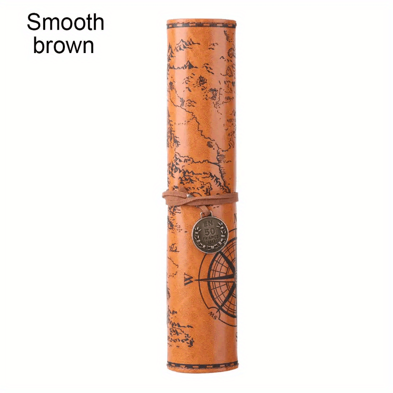 Creative Treasure Map Retro Pencil Case Leather Large Capacity Roll Pencil Bag Embossed Buckle Simple Stationery Box Roll Portable Pencil Drawing Bag Pen Holder