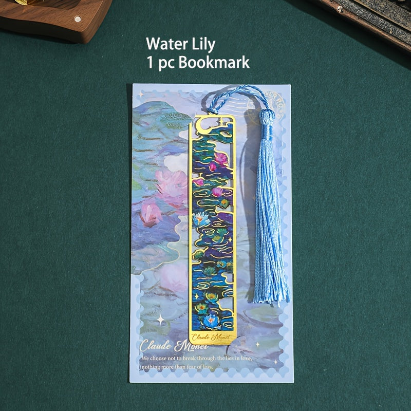 1pc Retro Floral Painting Metal Bookmark Hollow Bronzing Bookmark With Tassel Stationery Gifts For Book Club Reader Birthday Festival Writers Book Lovers Friends Teachers Students