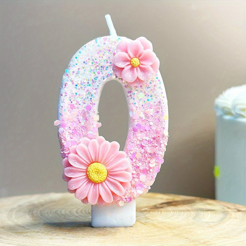 1pc Pink Glitter 3D Number Birthday Candle with Floral Design - Sparkling Single Wick Candles for Party Decor, Cake Topper & Festive Atmosphere, Celebration Accessories | Floral Embellished Candles | Sparkling Decor, Glow Par
