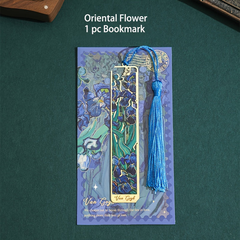 1pc Retro Floral Painting Metal Bookmark Hollow Bronzing Bookmark With Tassel Stationery Gifts For Book Club Reader Birthday Festival Writers Book Lovers Friends Teachers Students