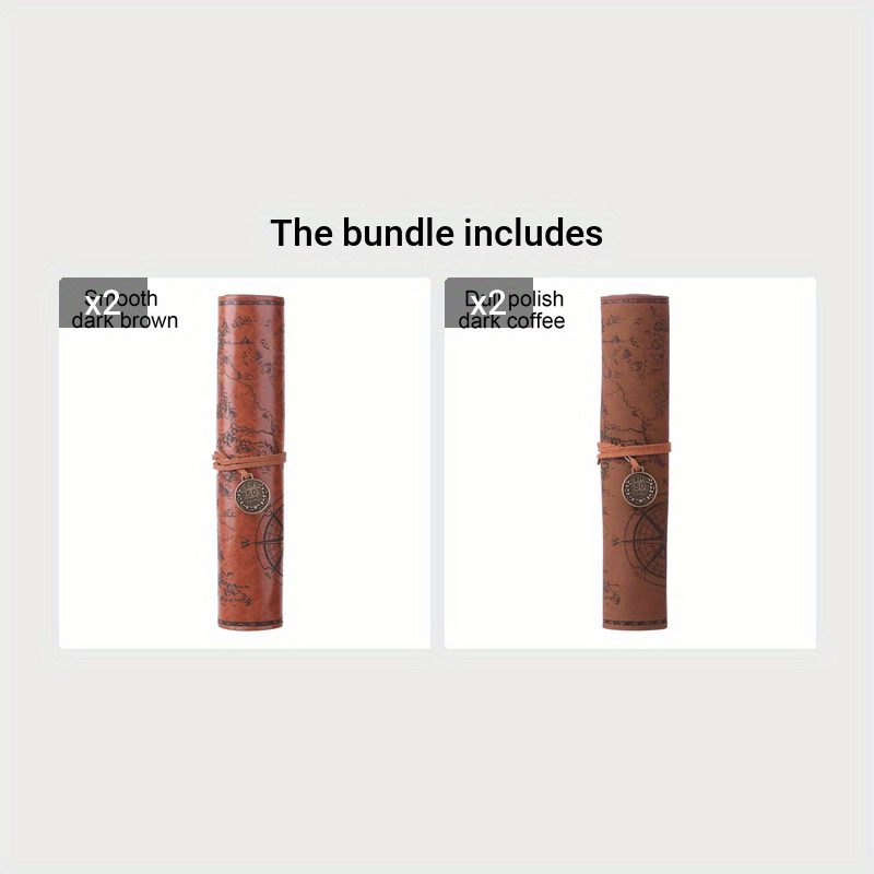Creative Treasure Map Retro Pencil Case Leather Large Capacity Roll Pencil Bag Embossed Buckle Simple Stationery Box Roll Portable Pencil Drawing Bag Pen Holder