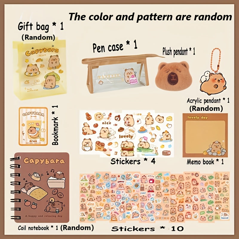 Capybara-Themed Stationery Gift Set, Fine Writing Instruments Bundle, Plastic, Yellow, with Notepads, Pens, and Accessories, for Students, Graduates, Journaling, and Birthday Presents, Age 14+