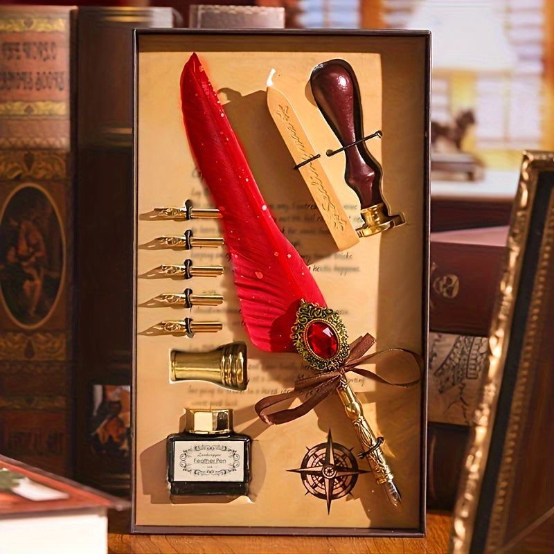 1 Set Jubaboz Calligraphy Pen Set - Luxurious Gift Box with Wax Seal, Vintage Feather & Mechanical Gear Pens - Authentic Antique Writing Experience for Artistic Ink Dipping