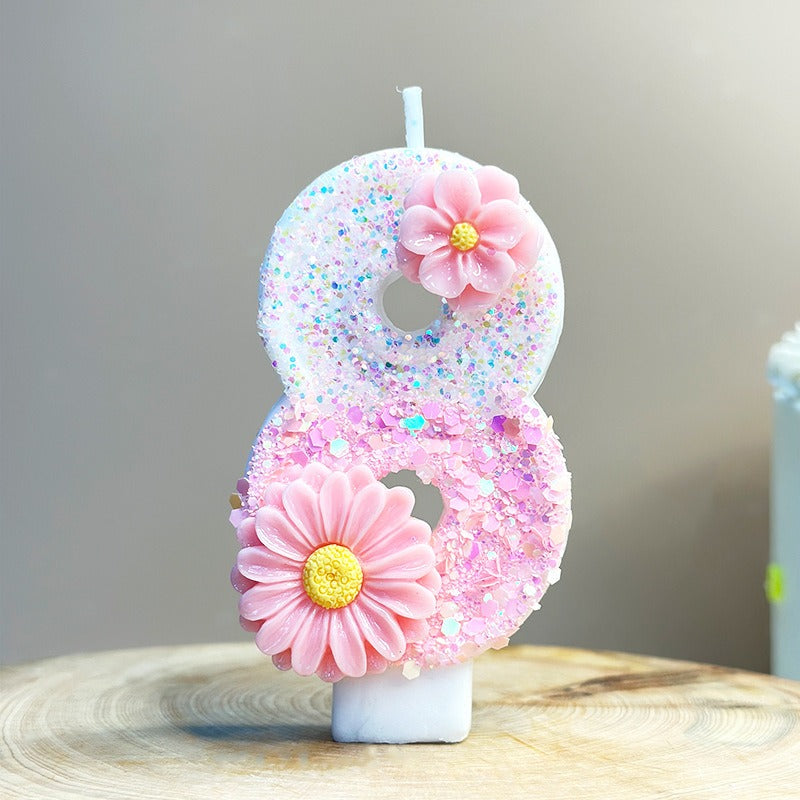 1pc Pink Glitter 3D Number Birthday Candle with Floral Design - Sparkling Single Wick Candles for Party Decor, Cake Topper & Festive Atmosphere, Celebration Accessories | Floral Embellished Candles | Sparkling Decor, Glow Par
