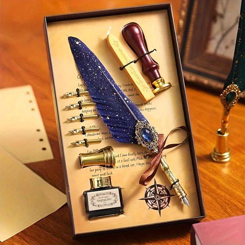 1 Set Jubaboz Calligraphy Pen Set - Luxurious Gift Box with Wax Seal, Vintage Feather & Mechanical Gear Pens - Authentic Antique Writing Experience for Artistic Ink Dipping