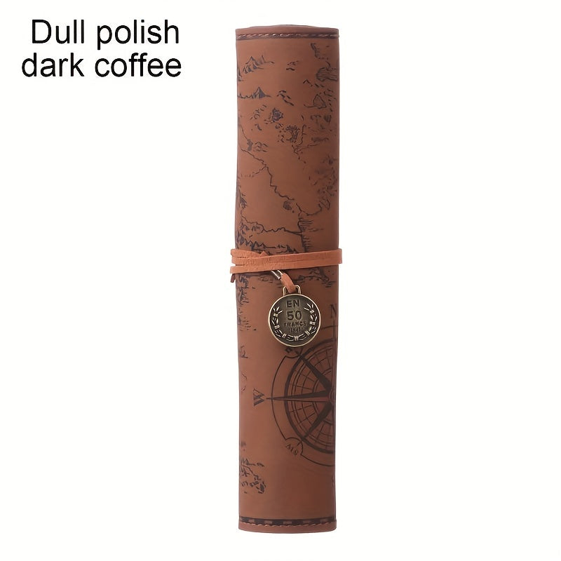 Creative Treasure Map Retro Pencil Case Leather Large Capacity Roll Pencil Bag Embossed Buckle Simple Stationery Box Roll Portable Pencil Drawing Bag Pen Holder