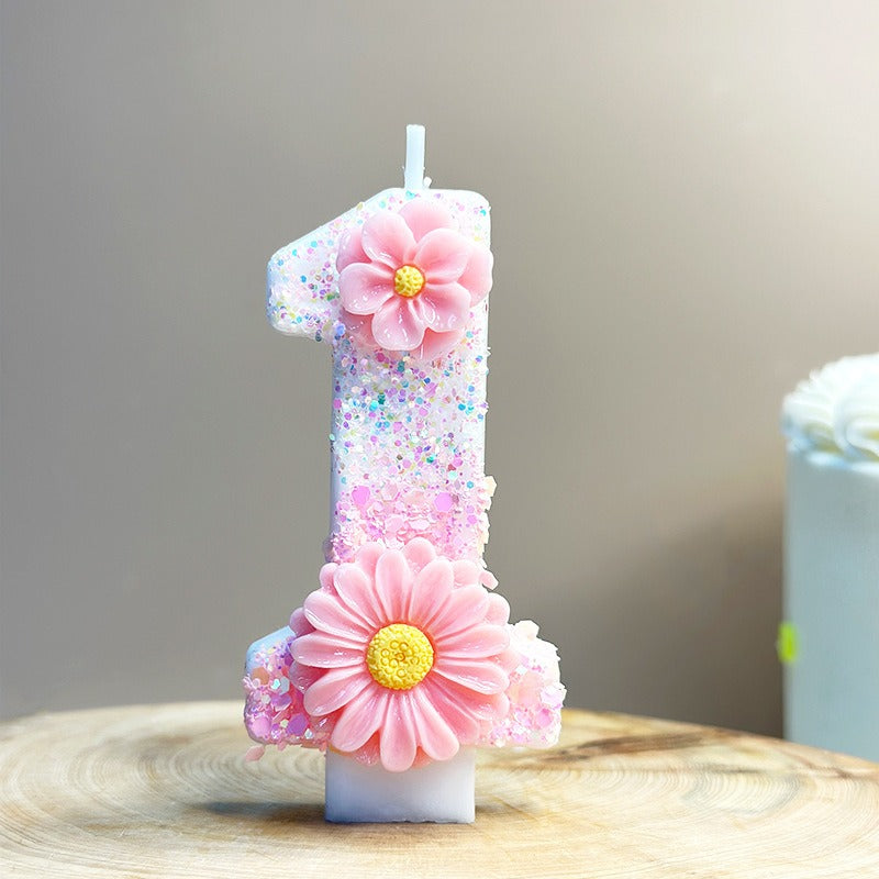 1pc Pink Glitter 3D Number Birthday Candle with Floral Design - Sparkling Single Wick Candles for Party Decor, Cake Topper & Festive Atmosphere, Celebration Accessories | Floral Embellished Candles | Sparkling Decor, Glow Par