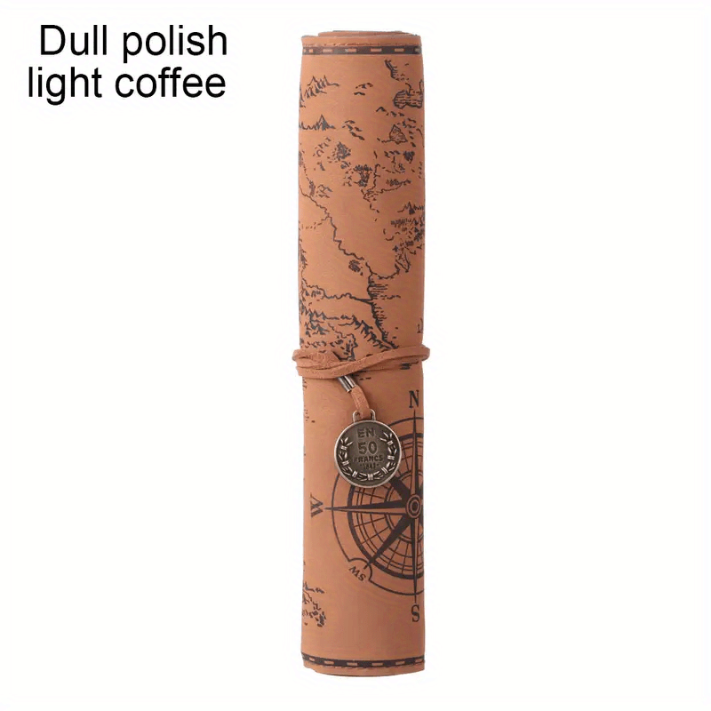Creative Treasure Map Retro Pencil Case Leather Large Capacity Roll Pencil Bag Embossed Buckle Simple Stationery Box Roll Portable Pencil Drawing Bag Pen Holder