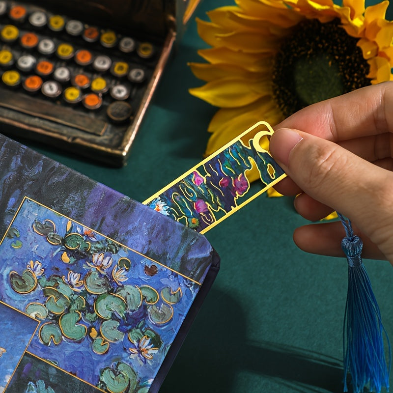 1pc Retro Floral Painting Metal Bookmark Hollow Bronzing Bookmark With Tassel Stationery Gifts For Book Club Reader Birthday Festival Writers Book Lovers Friends Teachers Students