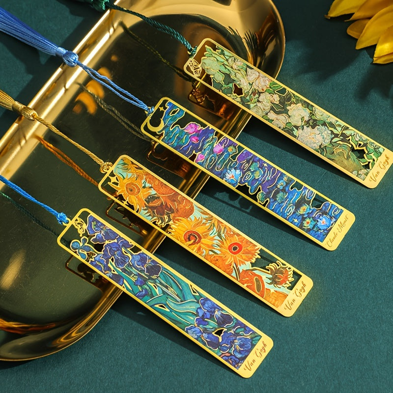 1pc Retro Floral Painting Metal Bookmark Hollow Bronzing Bookmark With Tassel Stationery Gifts For Book Club Reader Birthday Festival Writers Book Lovers Friends Teachers Students