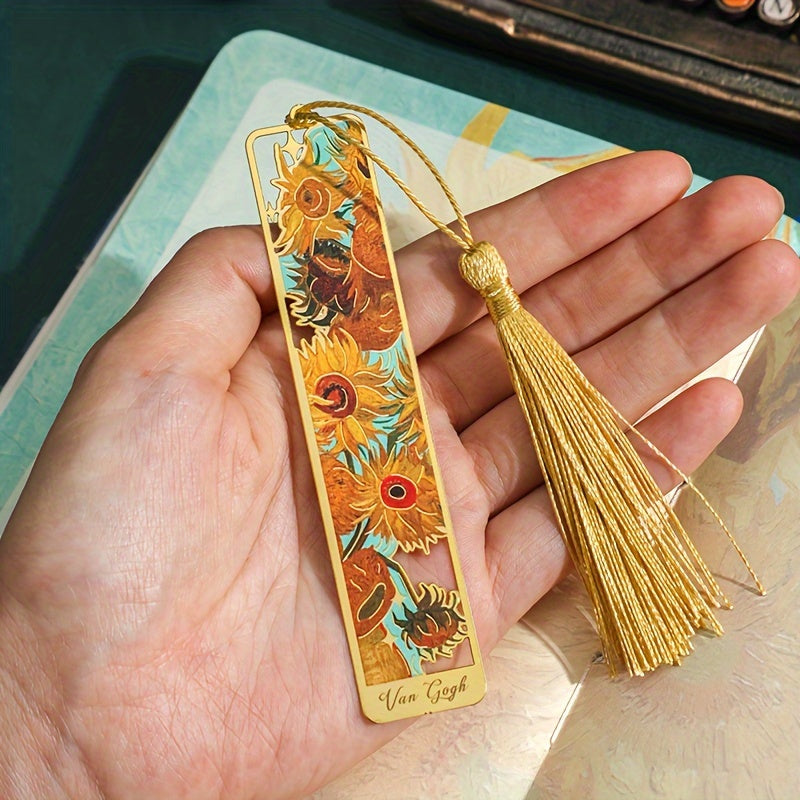 1pc Retro Floral Painting Metal Bookmark Hollow Bronzing Bookmark With Tassel Stationery Gifts For Book Club Reader Birthday Festival Writers Book Lovers Friends Teachers Students