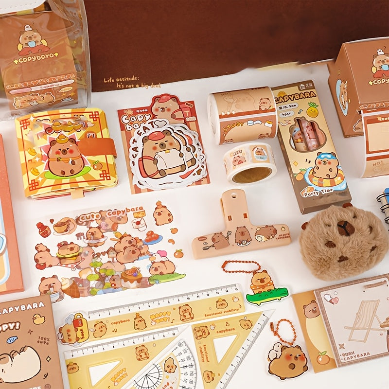 Capybara-Themed Stationery Gift Set, Fine Writing Instruments Bundle, Plastic, Yellow, with Notepads, Pens, and Accessories, for Students, Graduates, Journaling, and Birthday Presents, Age 14+