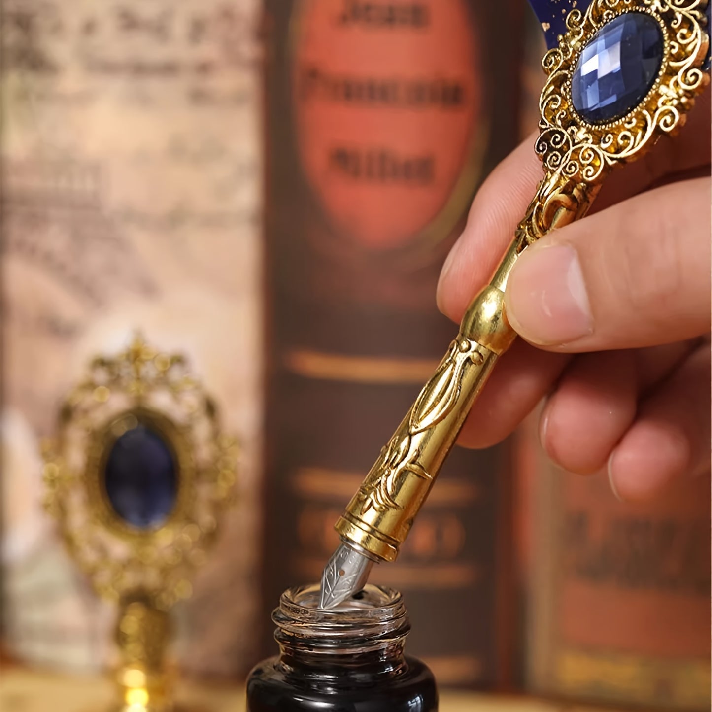 1 Set Jubaboz Calligraphy Pen Set - Luxurious Gift Box with Wax Seal, Vintage Feather & Mechanical Gear Pens - Authentic Antique Writing Experience for Artistic Ink Dipping
