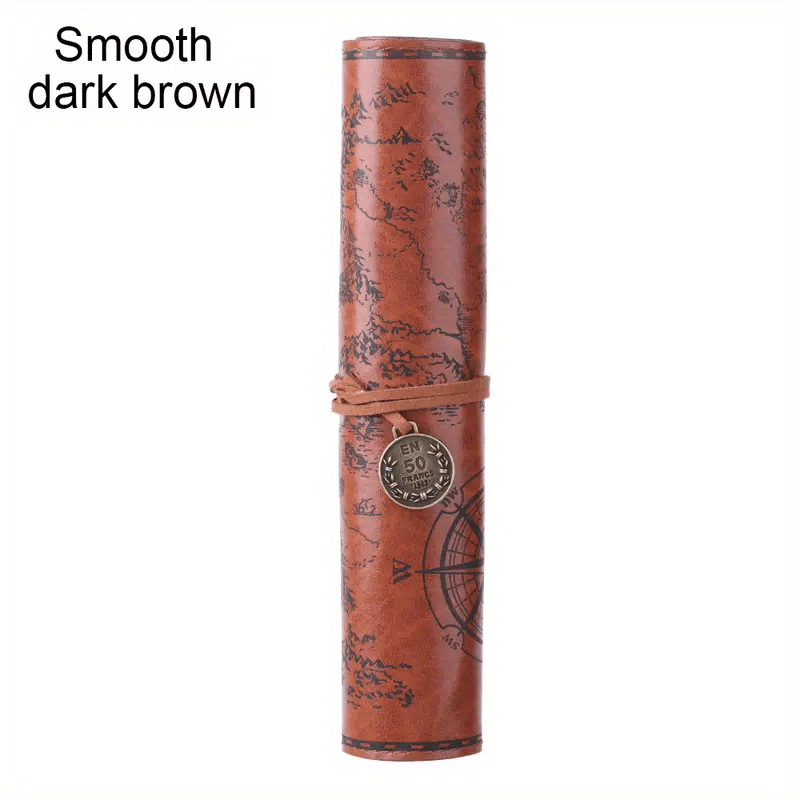 Creative Treasure Map Retro Pencil Case Leather Large Capacity Roll Pencil Bag Embossed Buckle Simple Stationery Box Roll Portable Pencil Drawing Bag Pen Holder