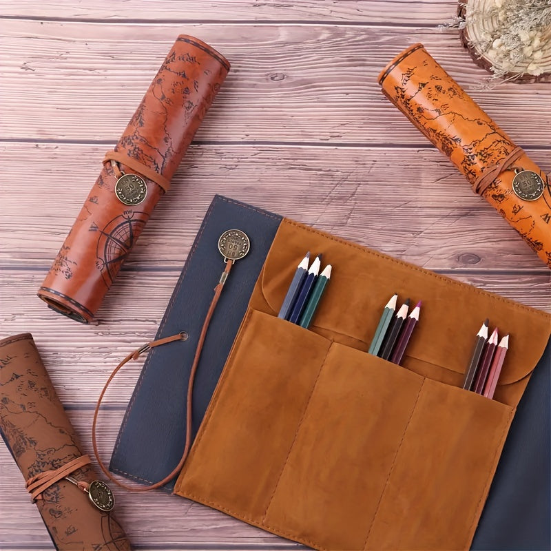 Creative Treasure Map Retro Pencil Case Leather Large Capacity Roll Pencil Bag Embossed Buckle Simple Stationery Box Roll Portable Pencil Drawing Bag Pen Holder