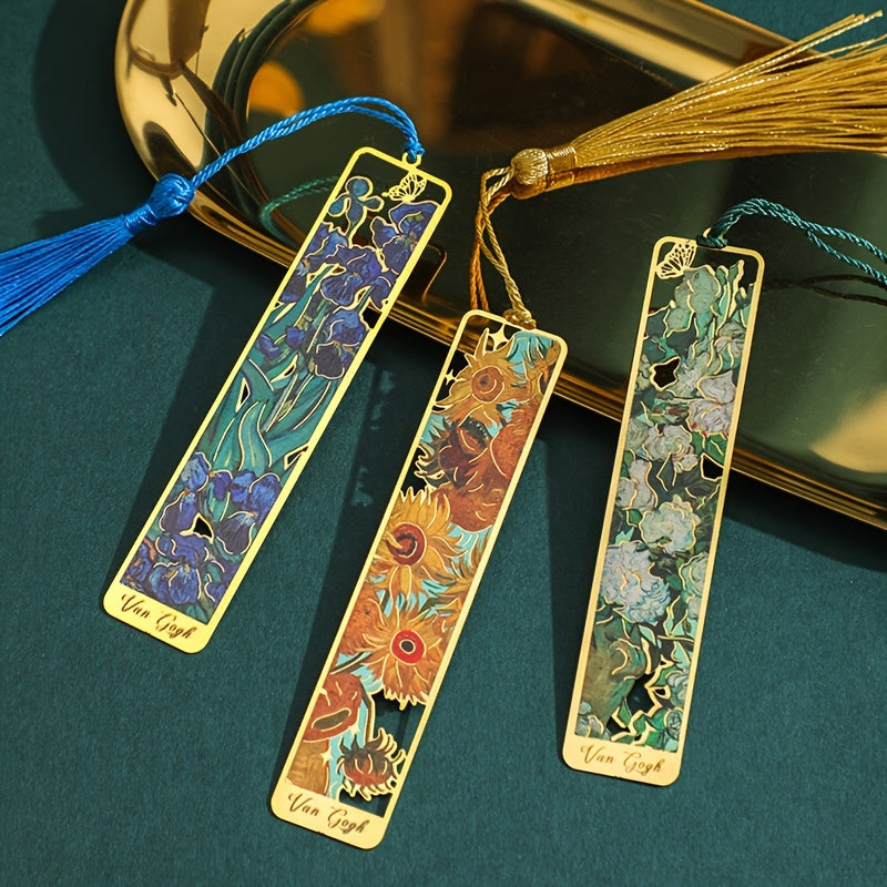 1pc Retro Floral Painting Metal Bookmark Hollow Bronzing Bookmark With Tassel Stationery Gifts For Book Club Reader Birthday Festival Writers Book Lovers Friends Teachers Students
