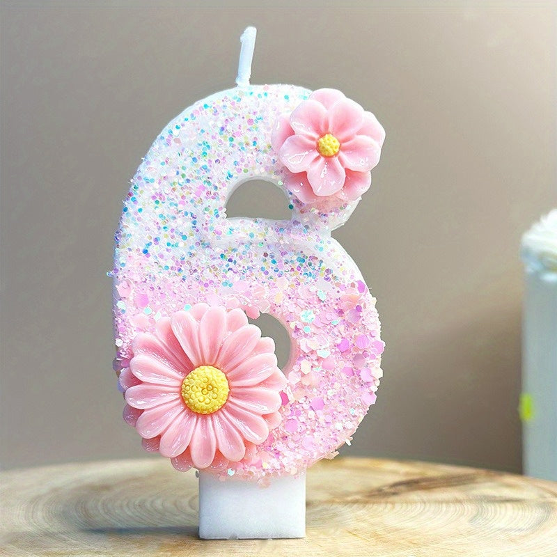 1pc Pink Glitter 3D Number Birthday Candle with Floral Design - Sparkling Single Wick Candles for Party Decor, Cake Topper & Festive Atmosphere, Celebration Accessories | Floral Embellished Candles | Sparkling Decor, Glow Par