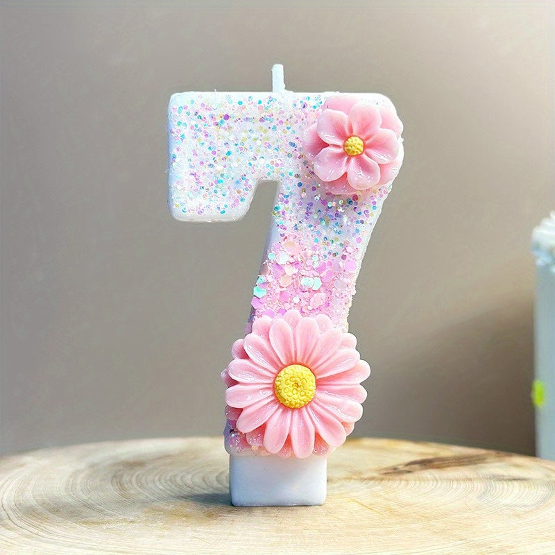 1pc Pink Glitter 3D Number Birthday Candle with Floral Design - Sparkling Single Wick Candles for Party Decor, Cake Topper & Festive Atmosphere, Celebration Accessories | Floral Embellished Candles | Sparkling Decor, Glow Par